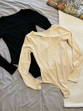 Ribbed Long Sleeve Scoop Neck Bodysuit - Black & Cream